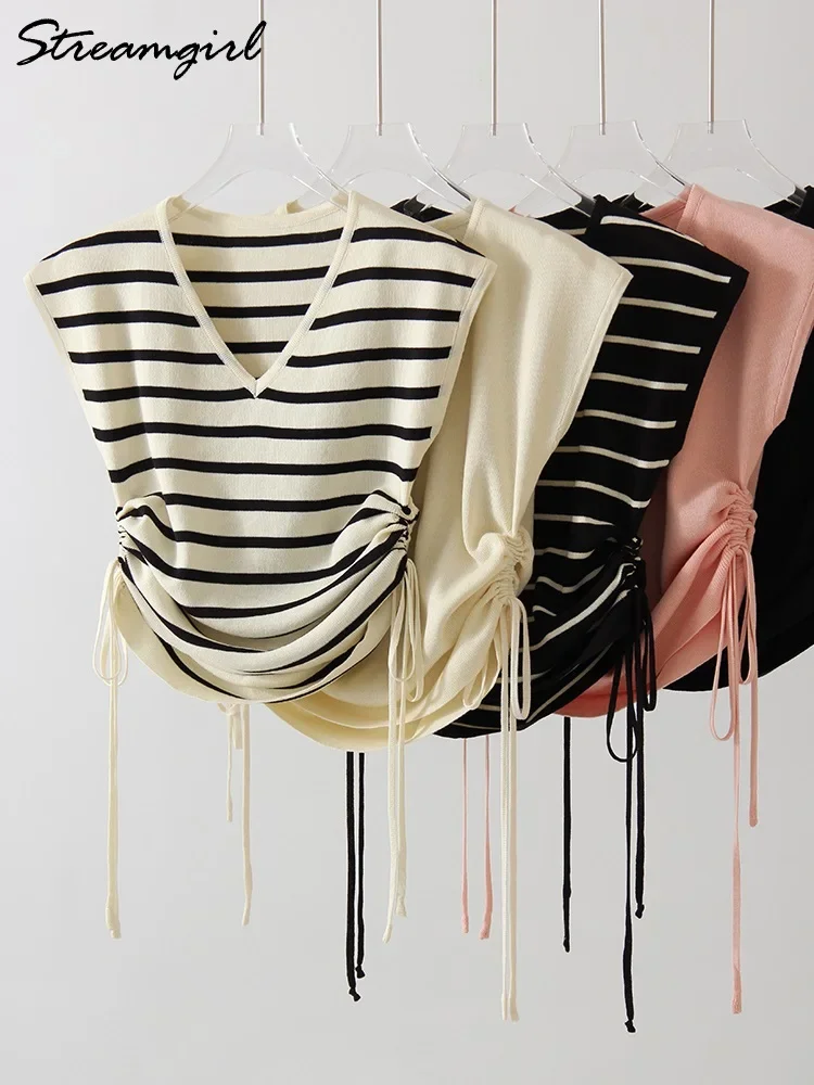 Summer Knit Sleeveless T Shirts For Women Summer 2025 Striped Tie Up Crop Top Tees Ladies Women's Short Tshirts Women Elegant