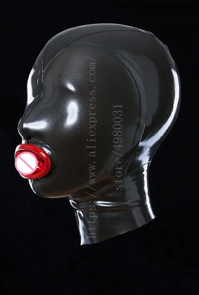 Made of 0.4mm thickness natural latex hood bondage with con-dom design in solid black color