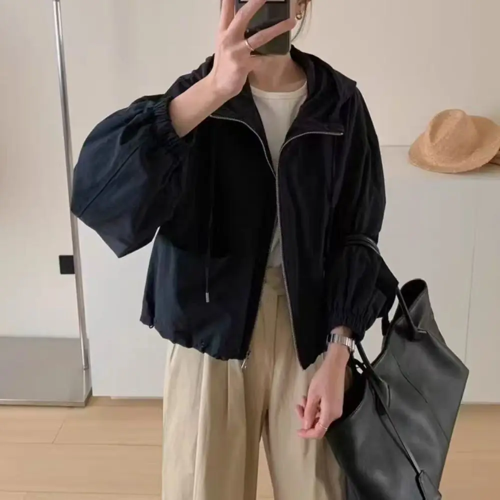 

Drawstring Long Sleeved Hooded Loose Thin Sunscrean Sweatshirts for Women Clothing Korean Ins Autumn Zipper Coat Top