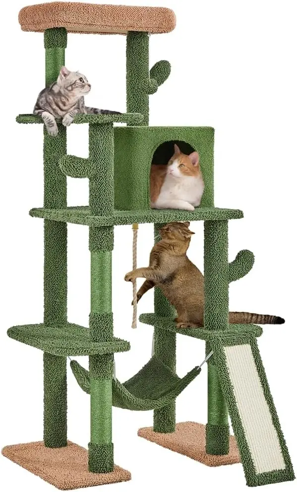 Cactus Cat Tree, 63″ H Multi-Level Tower for Indoor Cats, Climbing Tower Tall Tree with Sisal-Covered Scratching