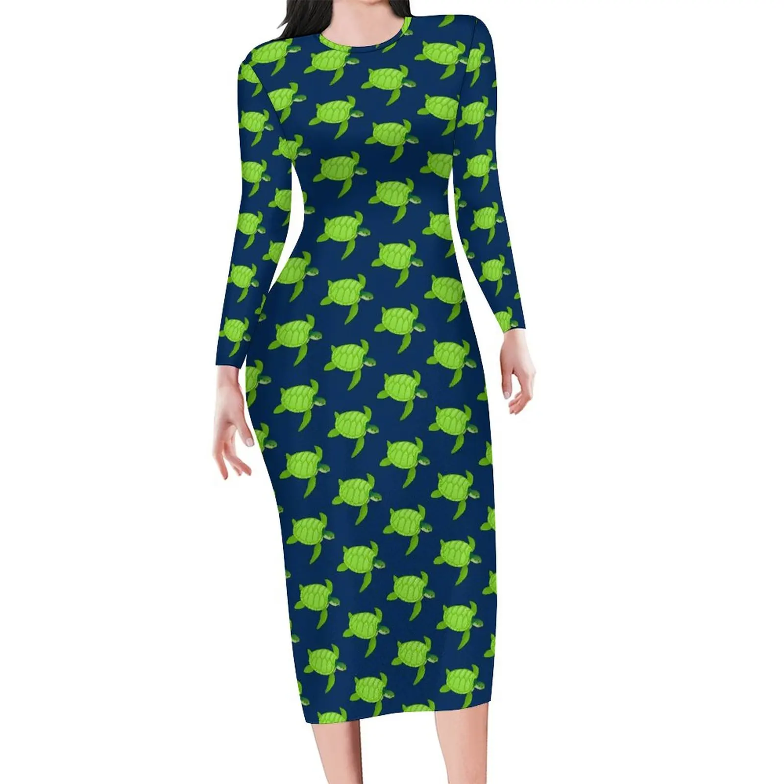 Green Sea Turtles Bodycon Dress Womens Animal Elegant Dresses Autumn Long Sleeve Street Fashion Graphic Dress Big Size 4XL 5XL