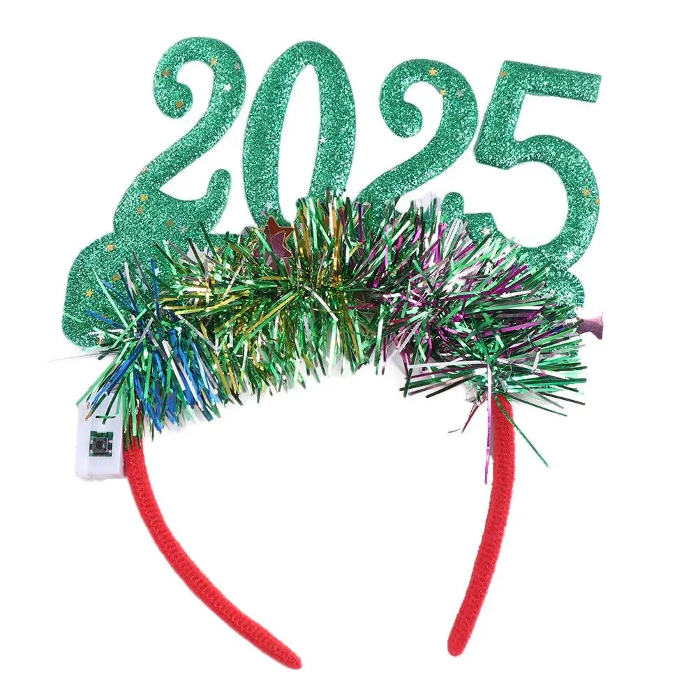 Sequin 2025 Happy New Year Headband Number Letter Crown Hair Hoop LED Glow Christmas Headpiece Photographic Headwear Plastic