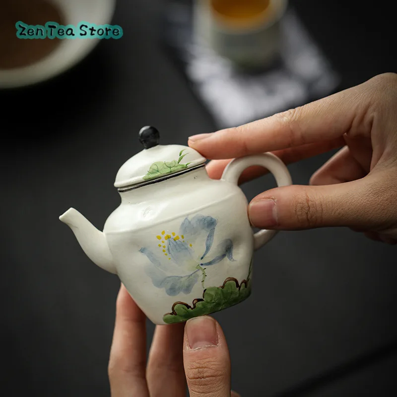 Blue Lotus Powder Drawing Teapot Single Pot Rough Pottery Chinese High-end Household Ceramic Teapot For One Person