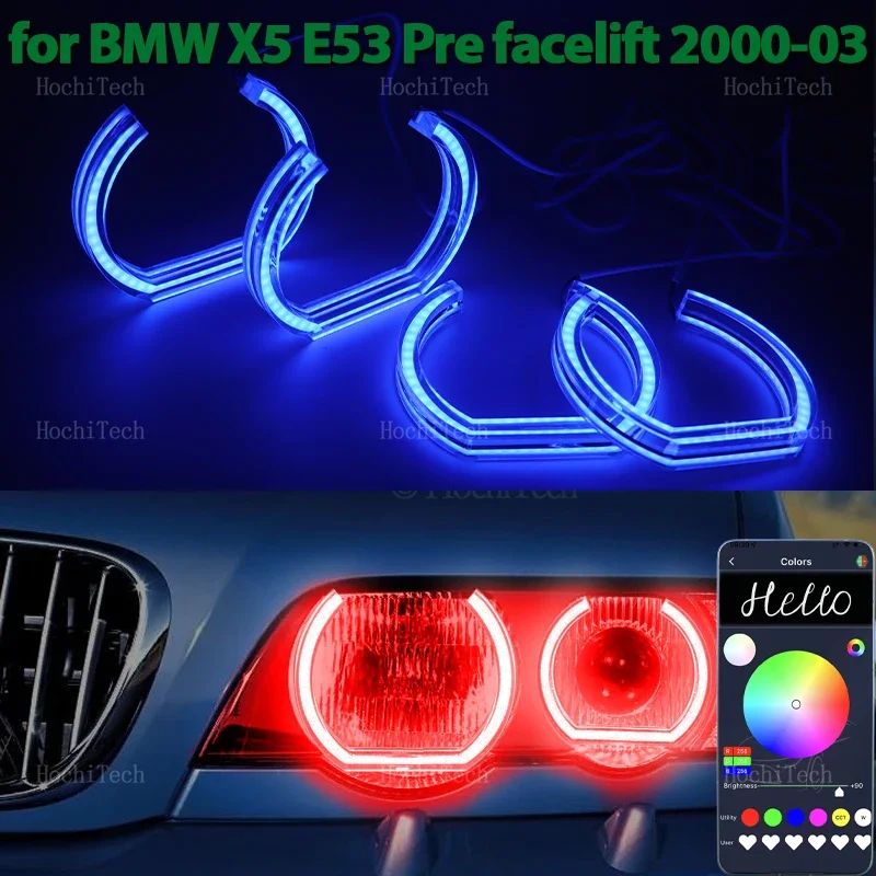 

Разноцветная светодиодная фара RGB с управлением через приложение, кольцевая лампа «ангельские глазки» для BMW X5 E53, предварительная фейслинг 2000 2001 2002 2003
