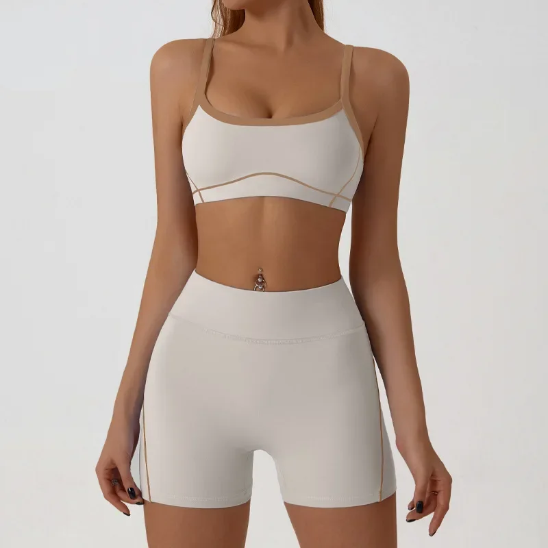 

Mileegirl 2pcs Women Yoga Bras Set Color Contrast Sports Crop Tops Detachable Pads High Waist Gym Shorts Tight Fit Workout Set