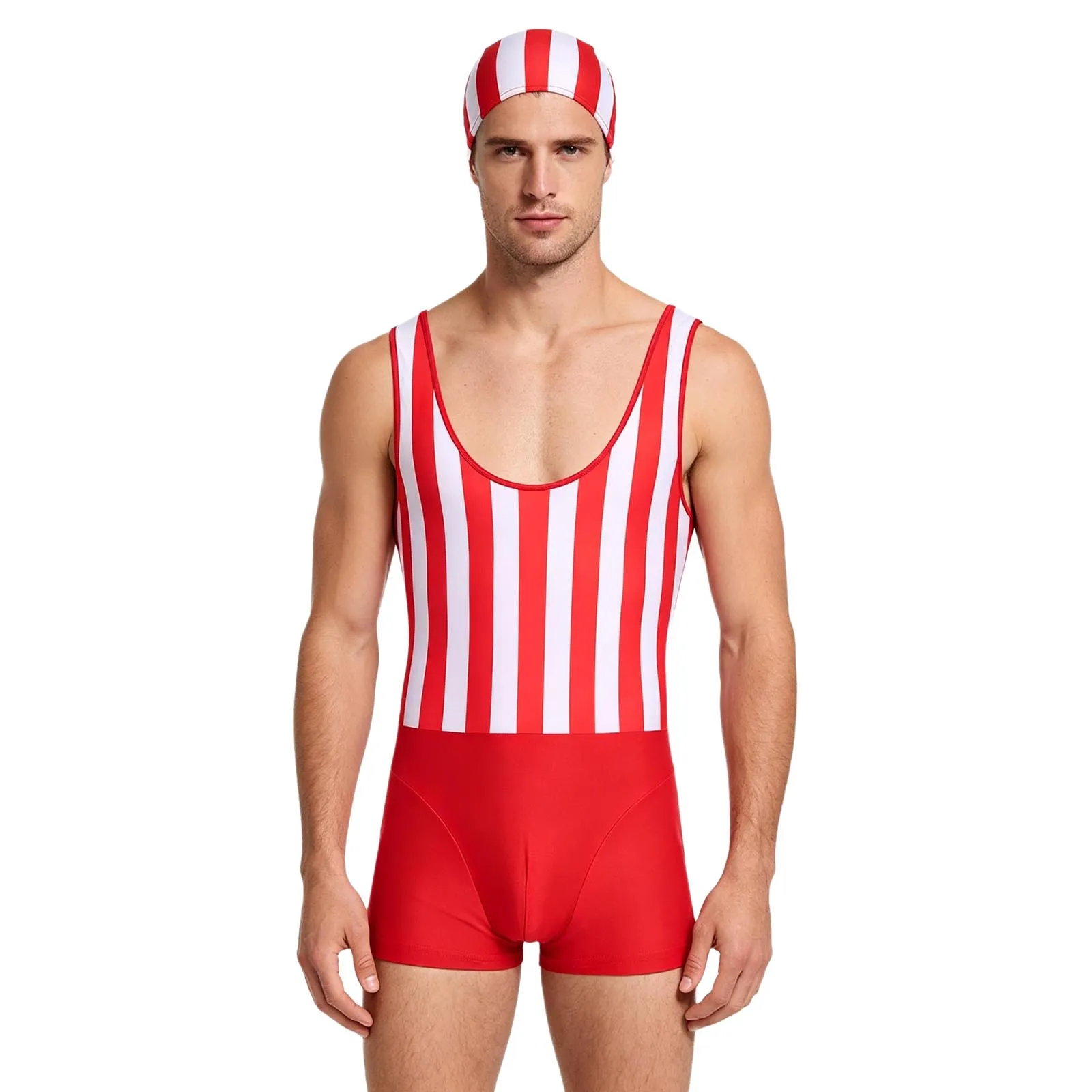 Mens Quick-dry Swimwear Bodysuit with Swim Cap Swim Leotard Sleeveless Striped One Piece Bathing Suit for Surfing Beach Pool