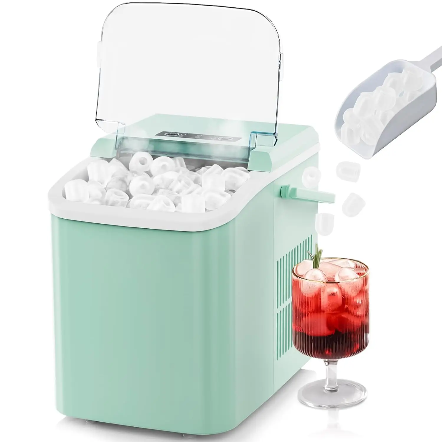 

Countertop Ice Maker with Scoop, Basket and Handle, 9 Ice Cubes Machine Ready in 6 Mins, 26.5lbs in 24Hrs, 2 Sizes for Home