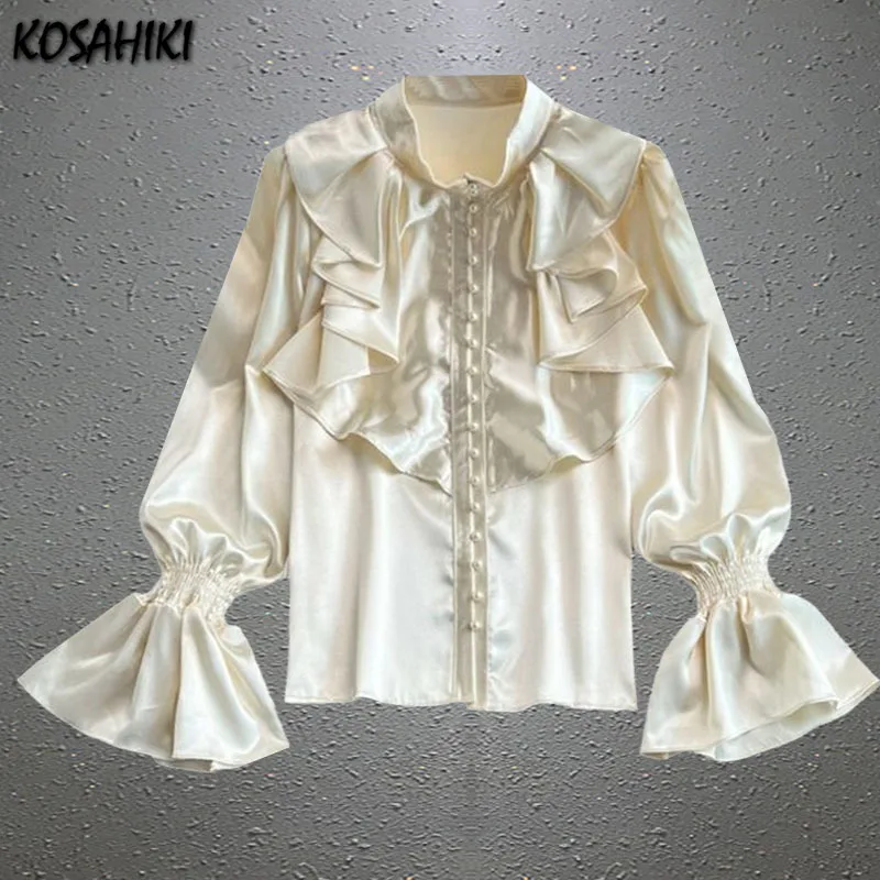 Japanese Kawaii Sweet Lolita Ruffled Shirt Flare Sleeve Y2k Aesthetic Harajuku Solid Blouse Women Grunge Loose Stand Neck Blusas