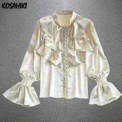 Japanese Kawaii Sweet Lolita Ruffled Shirt Flare Sleeve Y2k Aesthetic Harajuku Solid Blouse Women Grunge Loose Stand Neck Blusas