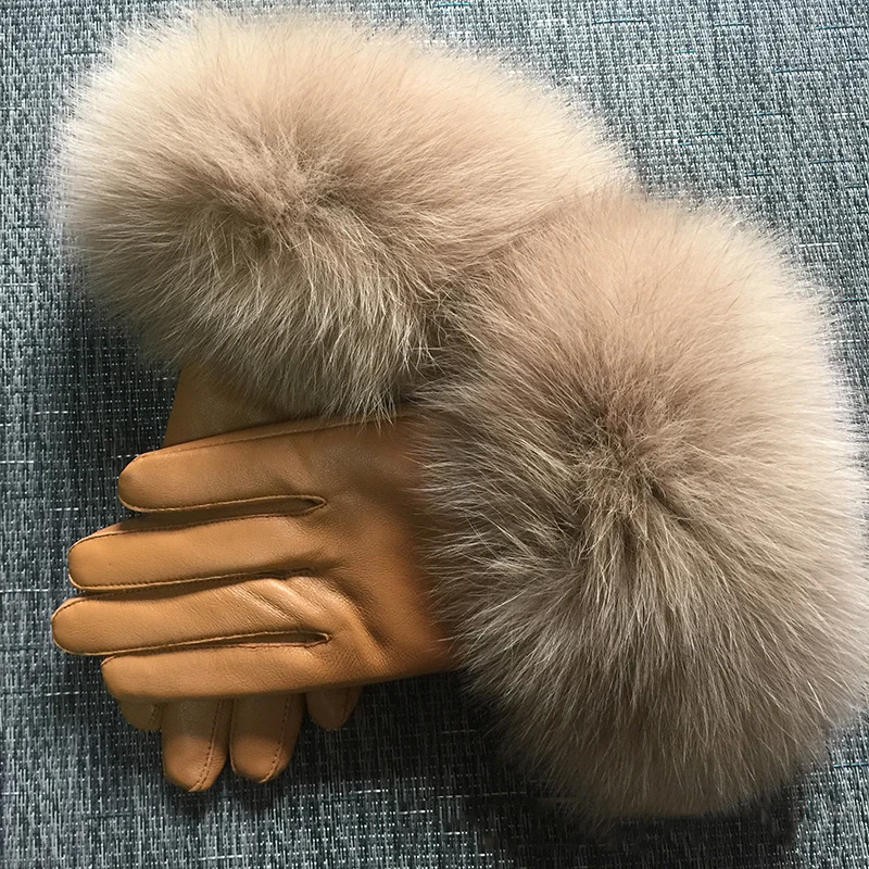 Chic Camel Color Real Big Fox Fur Women\'s Sheepskin Gloves Winter Plus Velvet Female Cycling Drive Warm Genuine Leather Gloves