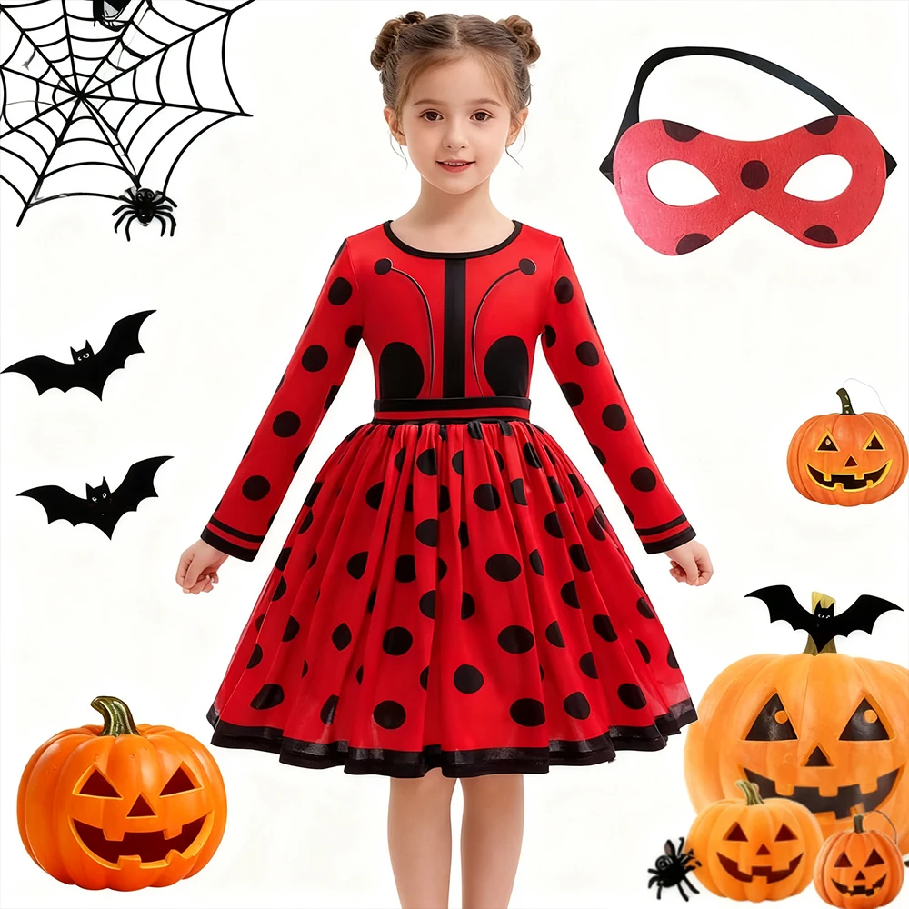

Girls Party Ladybug Dress Cosplay Halloween Costume With Eye Mask Birthday Gifts Girl Princess Dress Polka Dot Long Sleeve Dress