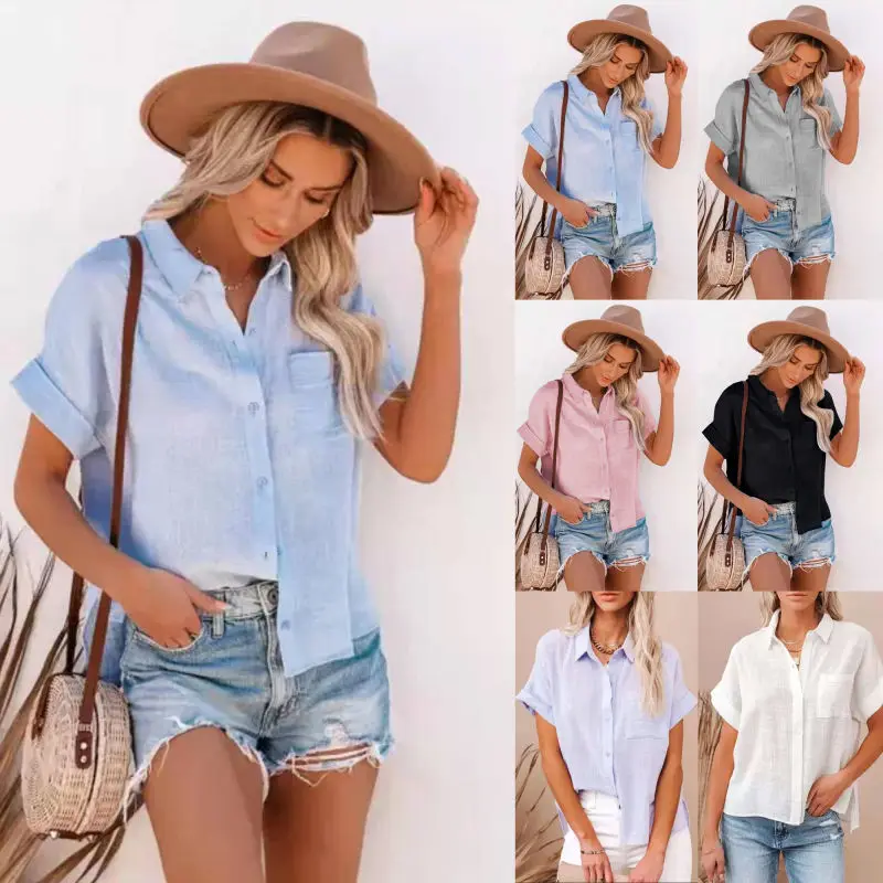 Elegant Blouse Women's Short Sleeve Shirts 2024 Summer Cotton Fitting Pocket White Shirt Camicette Donna Estive Chemise Femme