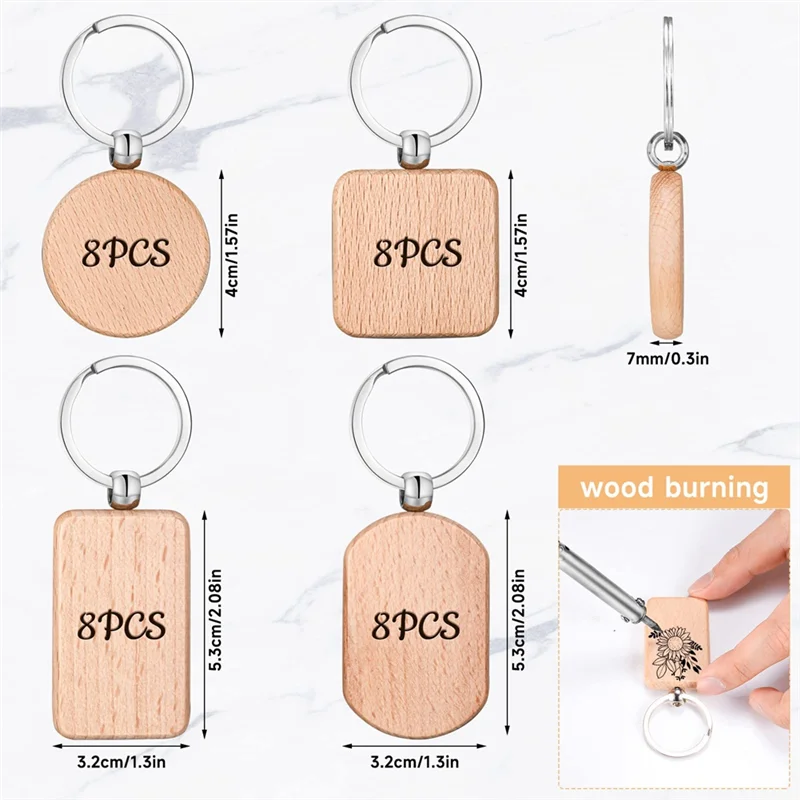 AB06 Wooden Keychain Blanks, 32Pcs Wood Engraving Blanks Key Chain Bulk Unfinished Wooden Keychain Key Ring Key Tag DIY Craft