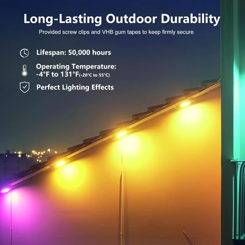 ASLONG Permanent Outdoor Lights with App & Remote, 100ft Smart Eaves Lights with RGBW LEDs, Endless Light Colors, Daily