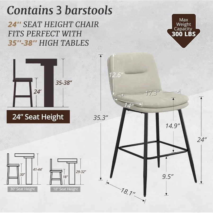 Sgabelli da bar Set di 3 sgabelli da bar imbottiti ad altezza bancone a doppio strato per sgabelli da bar in ecopelle con schienale e F