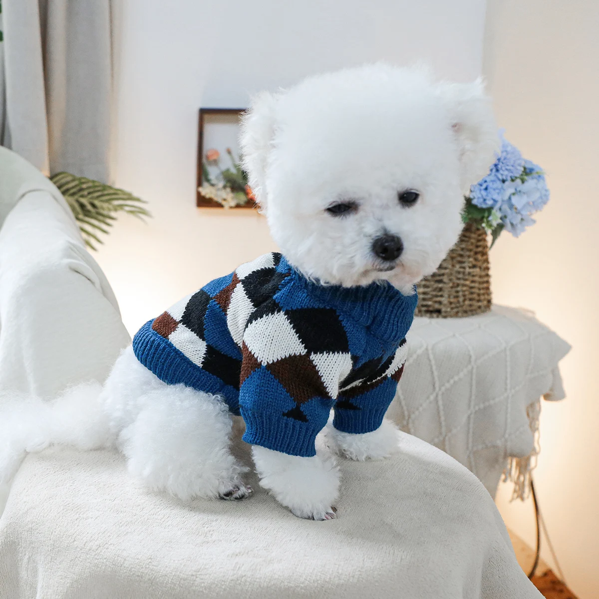 1PC pet clothing blue coffee diamond grid sweater pullover knitted sweater suitable for small and medium-sized dogs