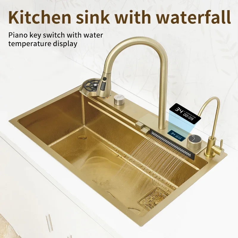 Waterfall Kitchen Sink Gold 304 Stainless Steel Nano Handmade Multifuctional Sink Waterfall Faucet Above Counter/Apron Front