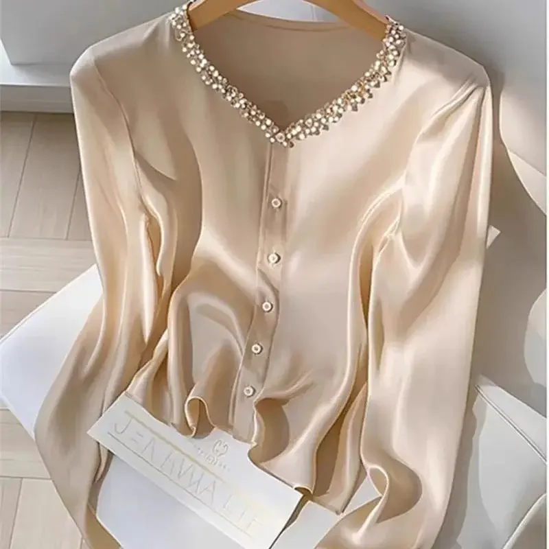 

Frence Acetate Blouse Spring Autumn V-neck Sequined Shirt for Women Long Sleeve Champagne Female Top Light Luxury XQ203