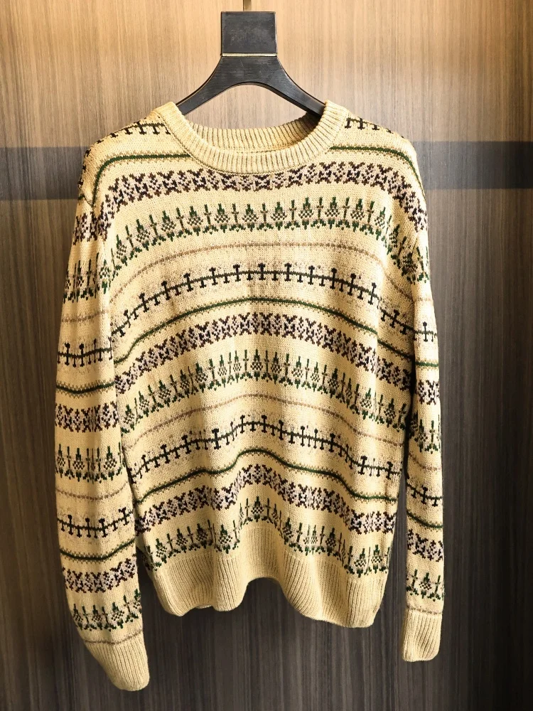 

Вязаный свитер с геометрическим узором, круглый, свободный крой, мужская мода, осень-зима, мягкий, удобный, повседневный трикотаж