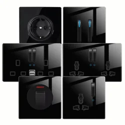 Black tempered glass international switch self-resetting Led indicator piano key wall lamp panel EU UK universal power outlet