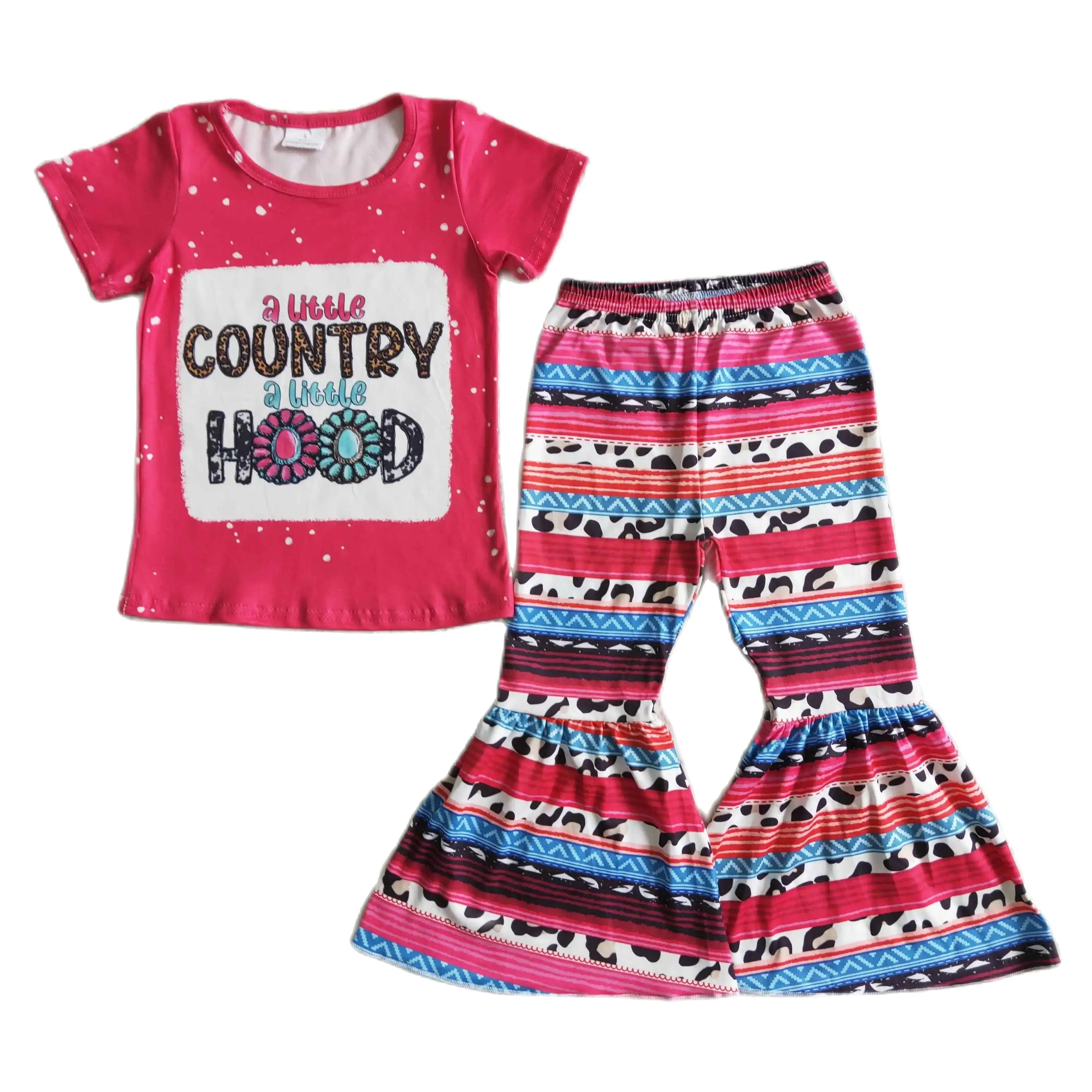 GSPO0001 Kids  Girls Summer Outfit  Sets Short Sleeves Top Country Hood Letters Print With Boot Cut Pant Children Clothes