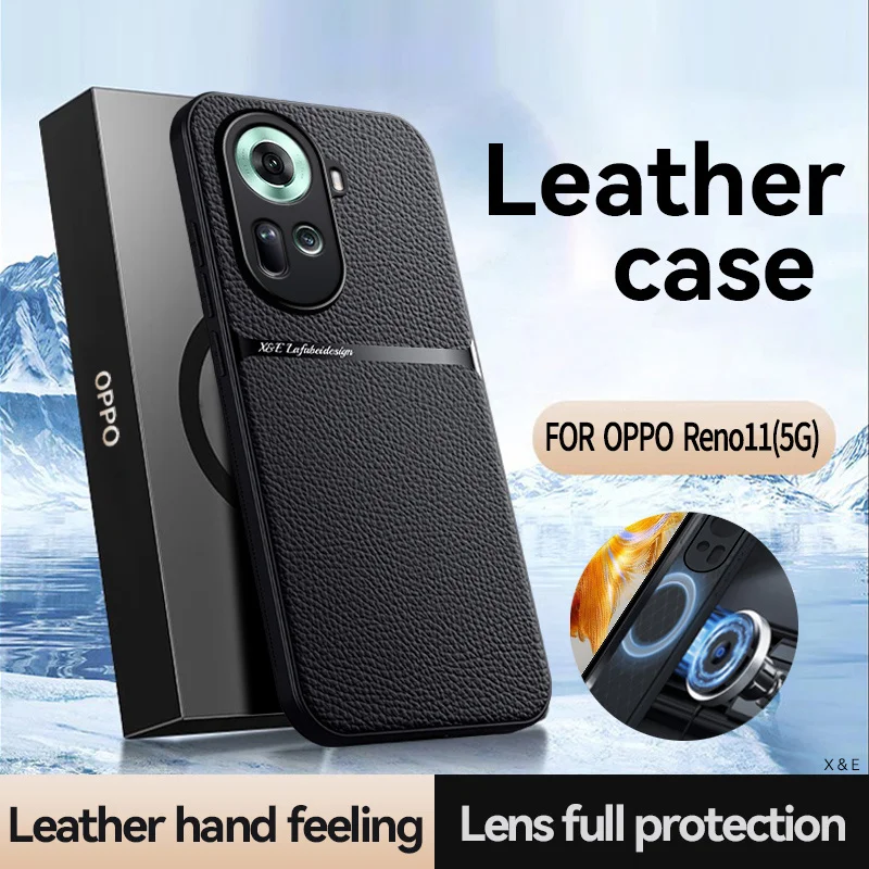 For OPPO Reno 11 5G Case Leather Car Magnetic Holder Back Cover For OPPO Reno11 5G CPH2599 Soft Frame Silicone Shockproof Coque