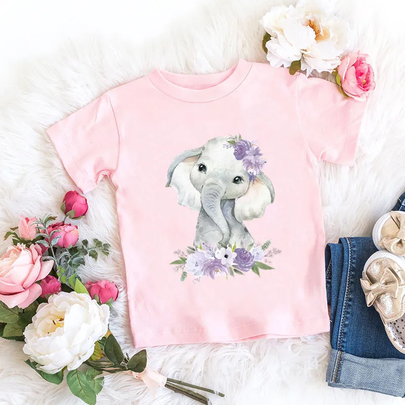 Plant Flower Elephant Funny Kwaii T shirt For Girls Cute Animals Kids Streetwear Tops Baby Boys Clothes Pink Children T-shirt