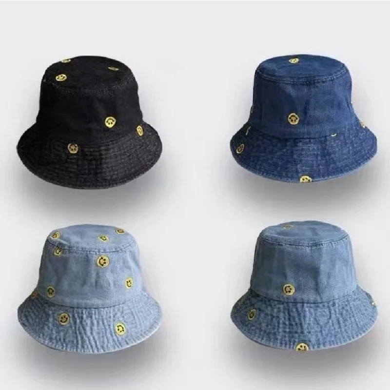 New Embroidered Smile Cotton Summer Jeans Bucket Hat Cap For Women Cute Fisherman Hat Travel Sunshade Show Small Face Gift