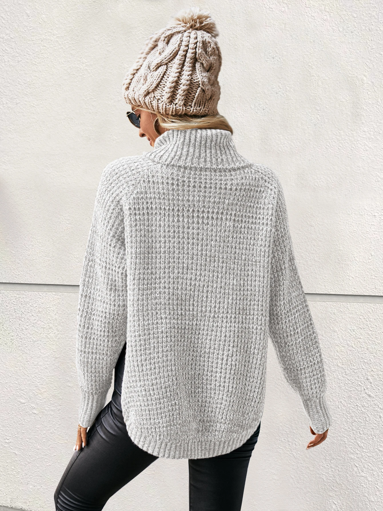 Women Turtle Neck Lantern Long Sleeve Jumper Tops Oversized High Side Split Knit Sweater Trendy Slouchy Chunky Pullover