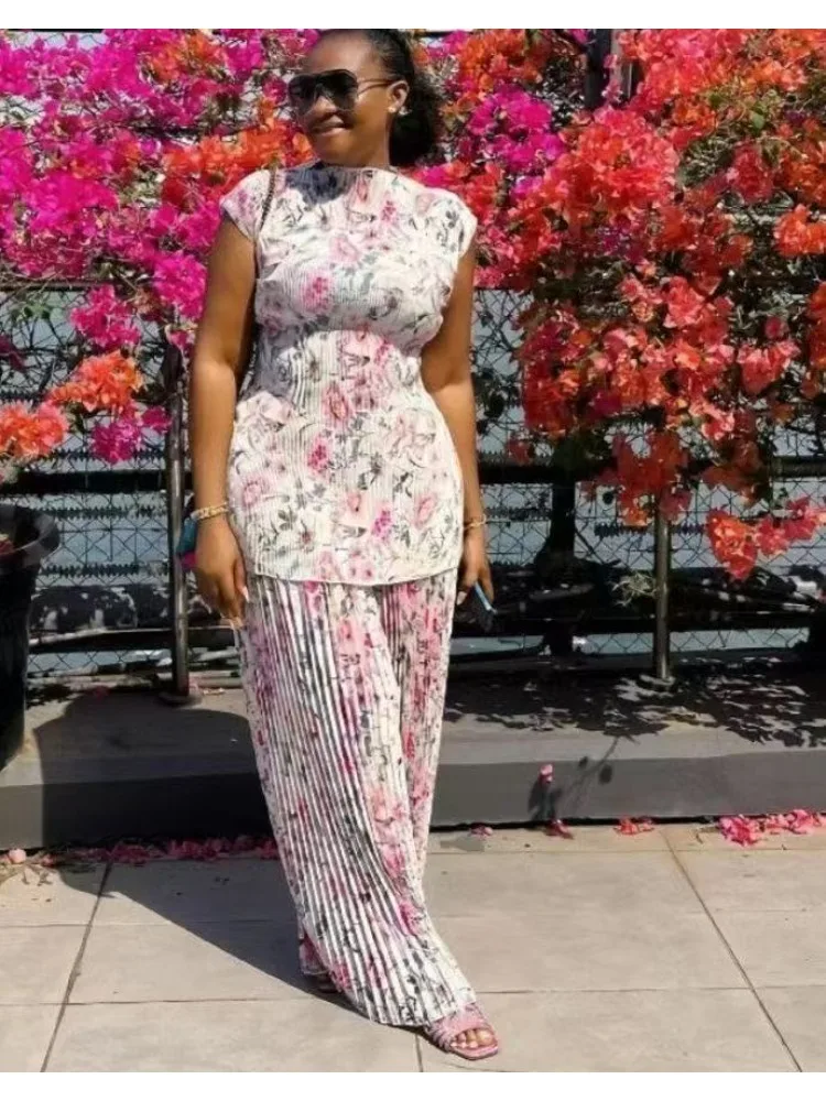 

Модный плиссированный комплект с принтом Miyake, топ с круглым вырезом и рукавами-фонариками + широкие брюки, комплект из двух предметов, женская одежда, новинка лета 2023 г.