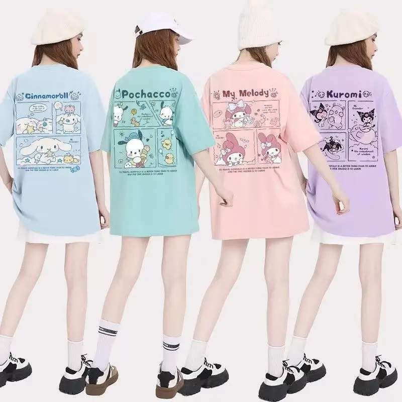 

New Sanrio kuromi Pochacco Cinnamoroll printed dopamine couple cartoon T-shirt cute loose half-sleeved versatile kawaii gift