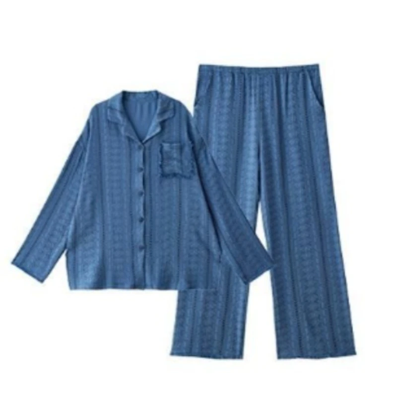 Spring  Autumn Popular Long-sleeved Pajamas Women's Retro Hong Kong Style Fog Blue Fringed Edge with Chest Pad Suit Loungewear