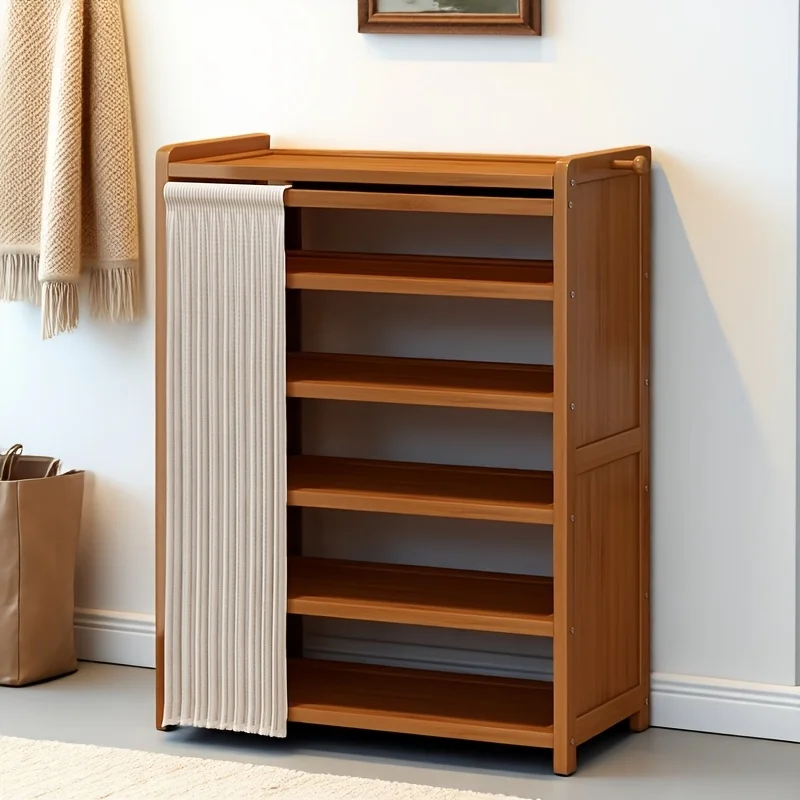 

Комбинация отдельно стоящего бамбукового шкафа для обуви (включая штора) — встроенный дизайн полузакрытого цвета дерева.