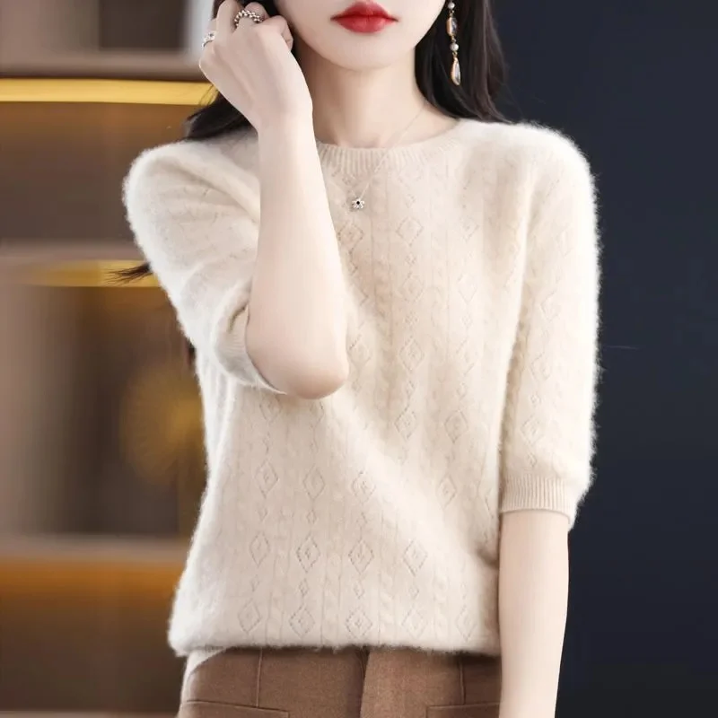 

Женский свитер из мериносовой шерсти, кашемировый пуловер, модный базовый трикотаж с круглым вырезом, элегантная футболка с короткими рукавами, одежда, топы