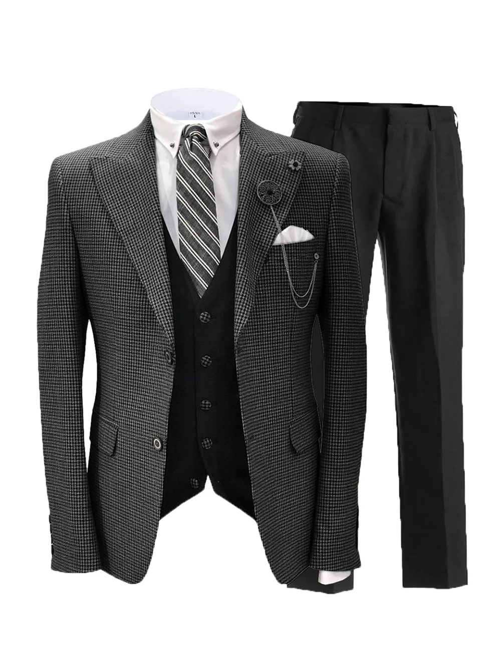 

Men's Suits 3 Pieces England Wool Suit Herringbone Stripe Terno Slim Fit Large Lapels Wedding Groom Tuxedo Tailcoat