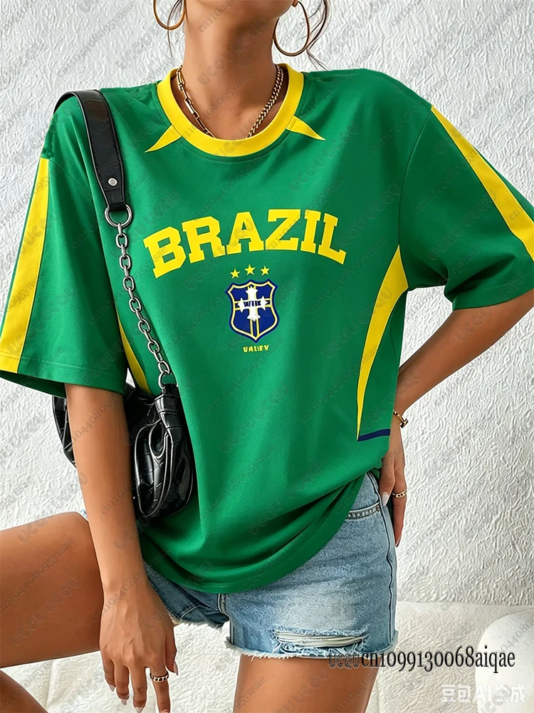 2026 Summer New Brazil Tshirt For Women O-Neck Patchwork Short Sleeve Oversized Streetwear Sports Football Jersey Y2K Loose Tops
