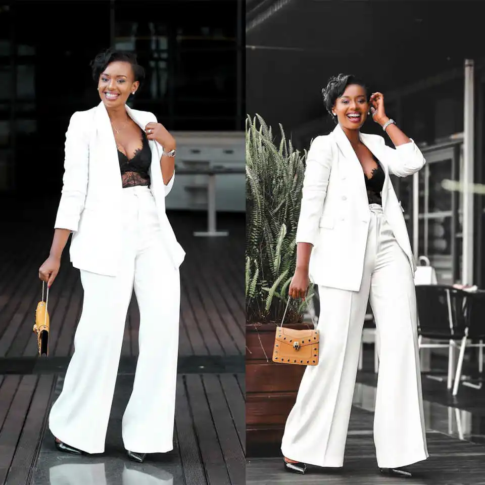 Simple White Women Suits 2 Pieces Designed Double Breasted Gown Pants Wide Leg Pants Customized 2 Pieces