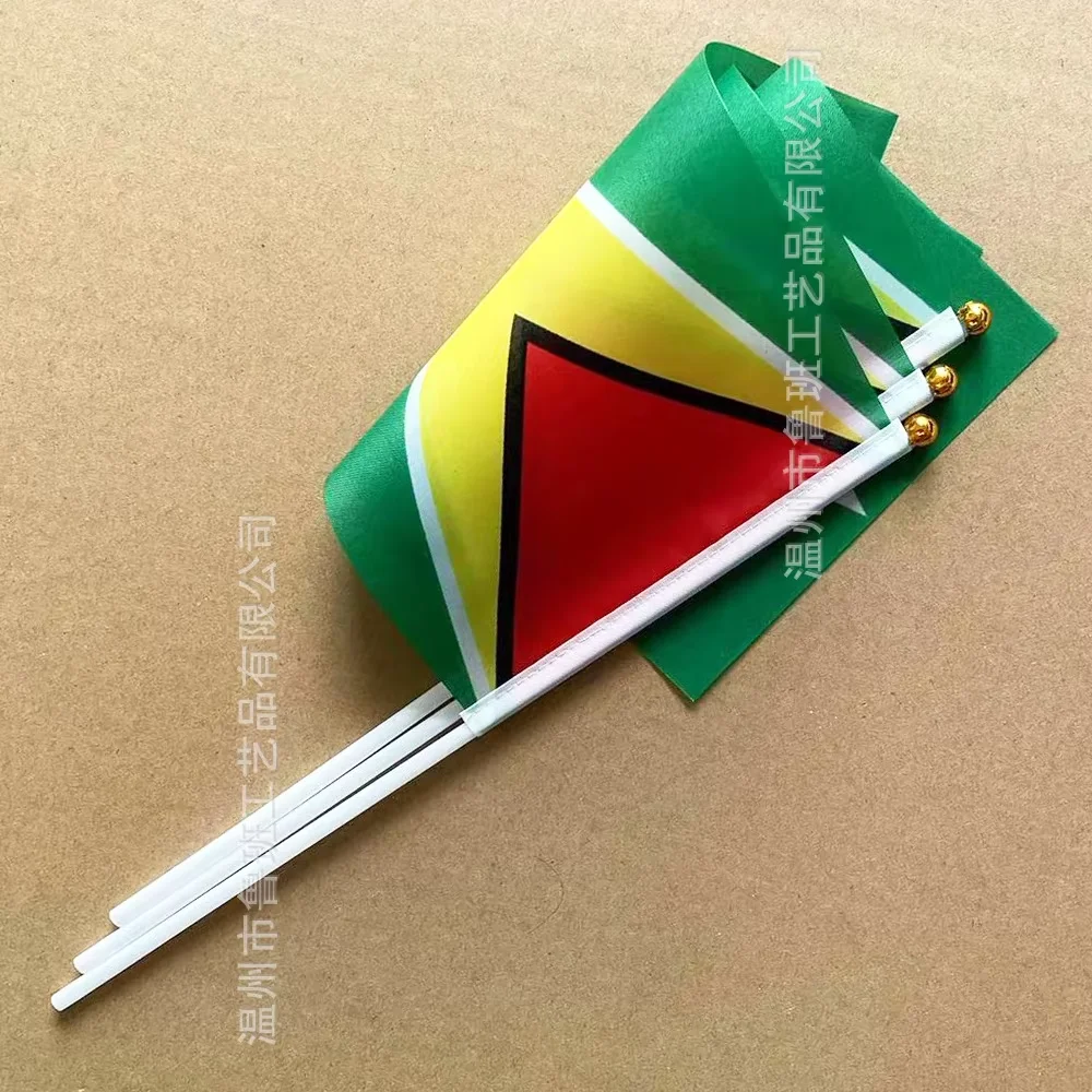 （TIKI FLAG）Guyana hand flag 14x21cm Polyester Fade-Resistance Guyana Hand Waving Flag with Plastic Flagpole for Events