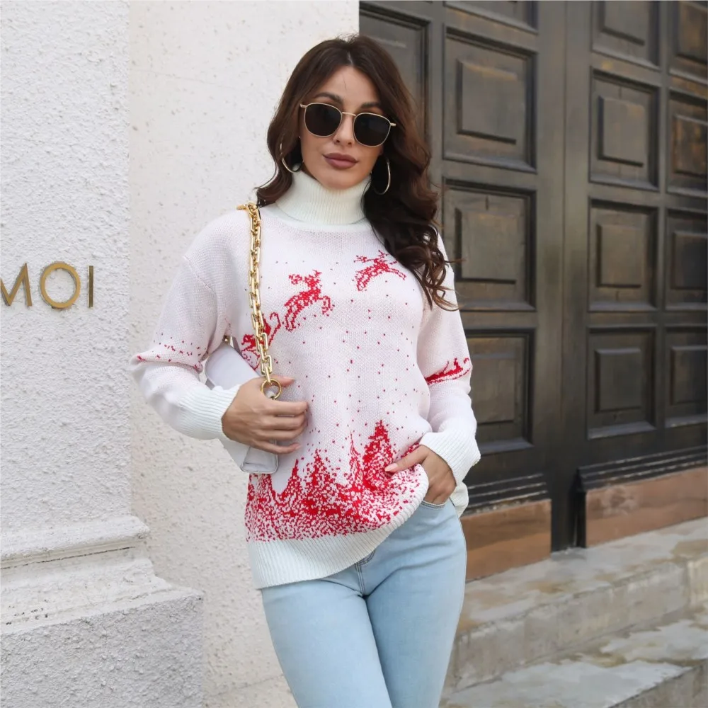 여성용 크리스마스 터틀넥 스웨터 만화 자카드 루즈 풀오버 니트 스웨터 편안한 여성용 출퇴근 캐주얼