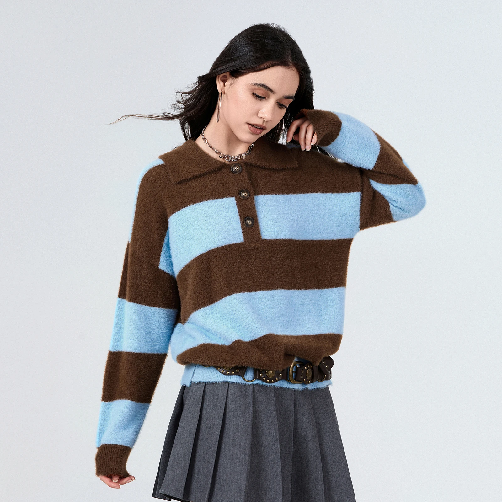 Womens Y2K Vintage Fuzzy Sweaters Stylish Cozy Contrast Color Wide Striped Turn Down Collar Long Sleeve Loose Knit Pullover Tops