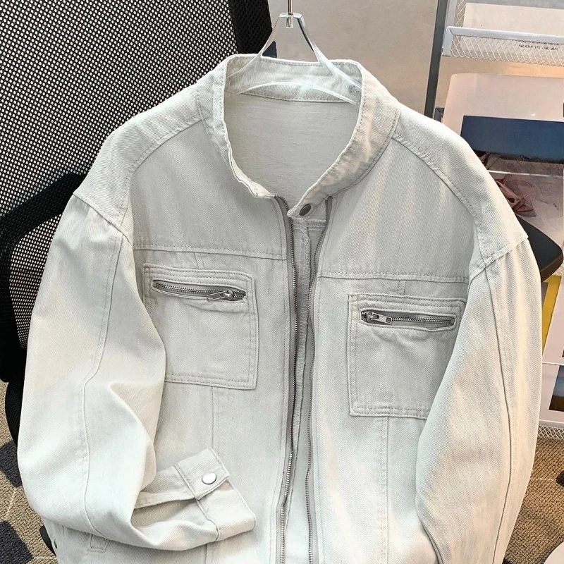 Spring Autumn Men's Vintage Washed Denim Jacket Stand Up Collar American Cleanfit Style Zipper Coat Streetwear