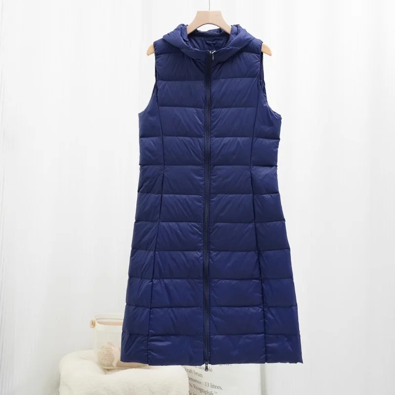 Autumn Winter Women Sleeveless Hooded Down Waistcoat Coat Ultra Light White Duck Down Vest Ladies Warm Long Tank Parkas Outwears