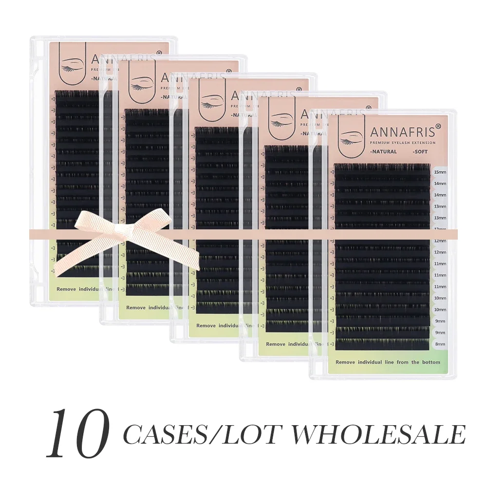 

ANNAFRIS 8-15mm L Shaped Individual Eyelash Extension Wholesale 10 Cases/lot L/L+/LC/LD/LU Curl Faux Mink Matt Black Lash