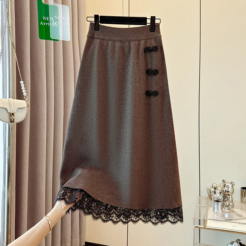 Gonna longuette lavorata a maglia a vita alta con dettaglio bottoni Misto cotone poliestere A-Line Silhouette Thiened Casual Sle per donna