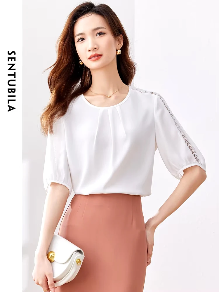 SENTUBILA Women's White Chiffon Shirt 2024 Summer New Lantern Half Sleeve Lace Ruched Hollow Office Lady Blouse Tops 132V49345