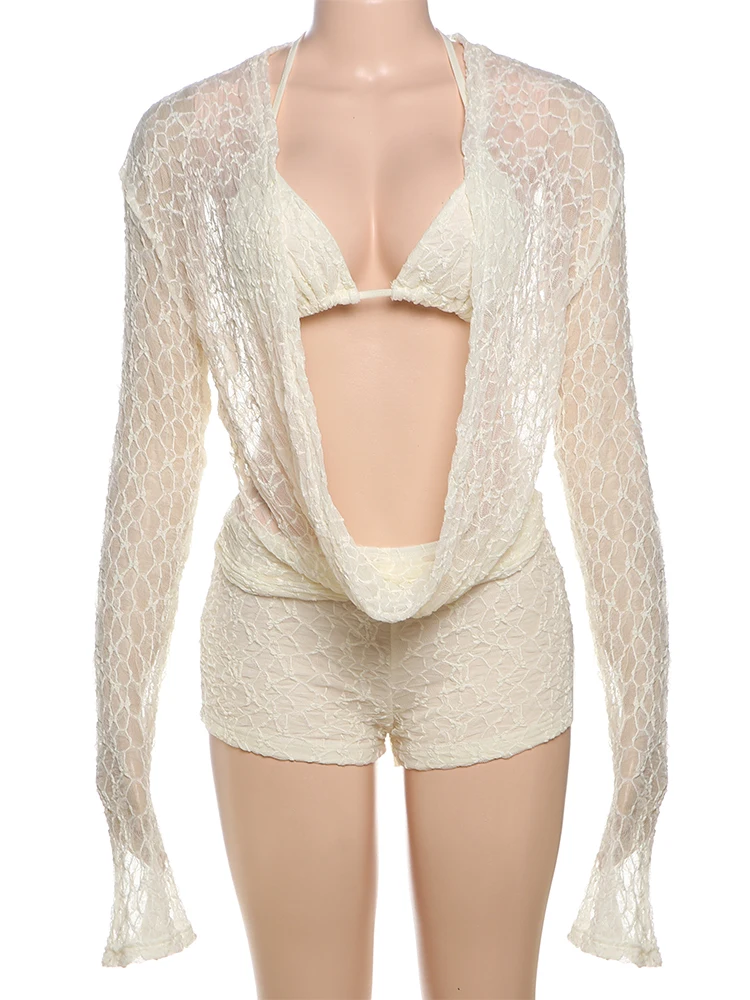 

Сексуальный прозрачный комплект из трех предметов, женский бюстгальтер с лямкой на шее + футболки с расклешенными рукавами и поворотным воротником + узкие шорты, модный элегантный комплект