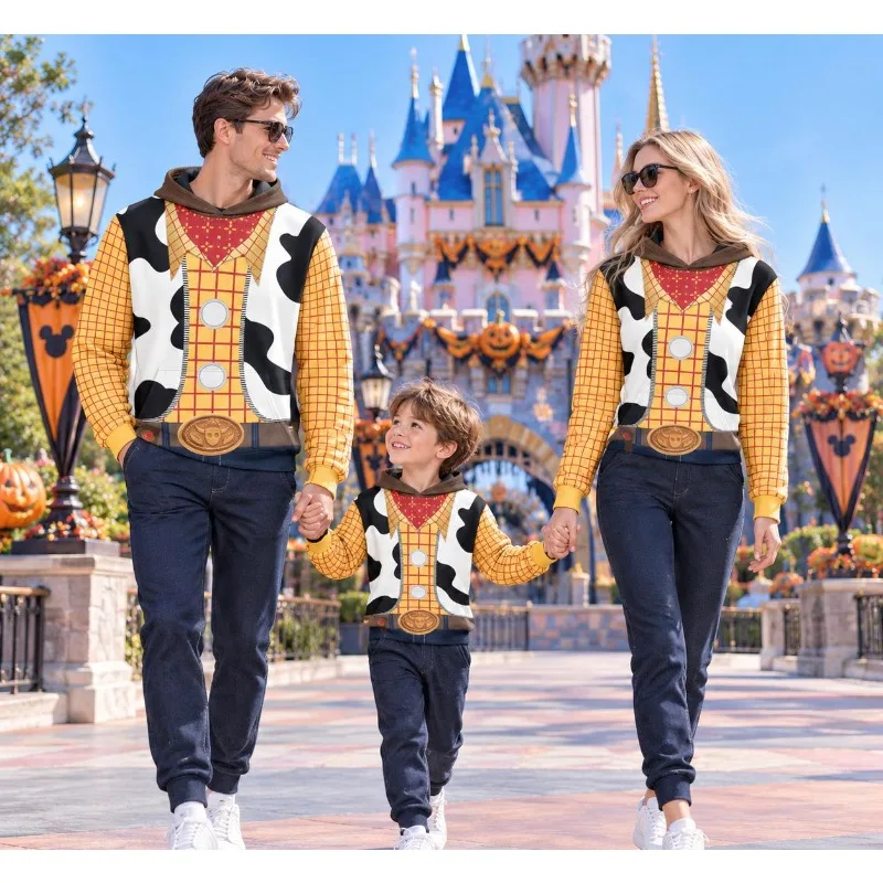 Couple Hoodie Print Cowboy Cosplay Hooded Sweatshirt Family Matching Cartoon Pullover Halloween Theme Party Fancy Dress Outfit