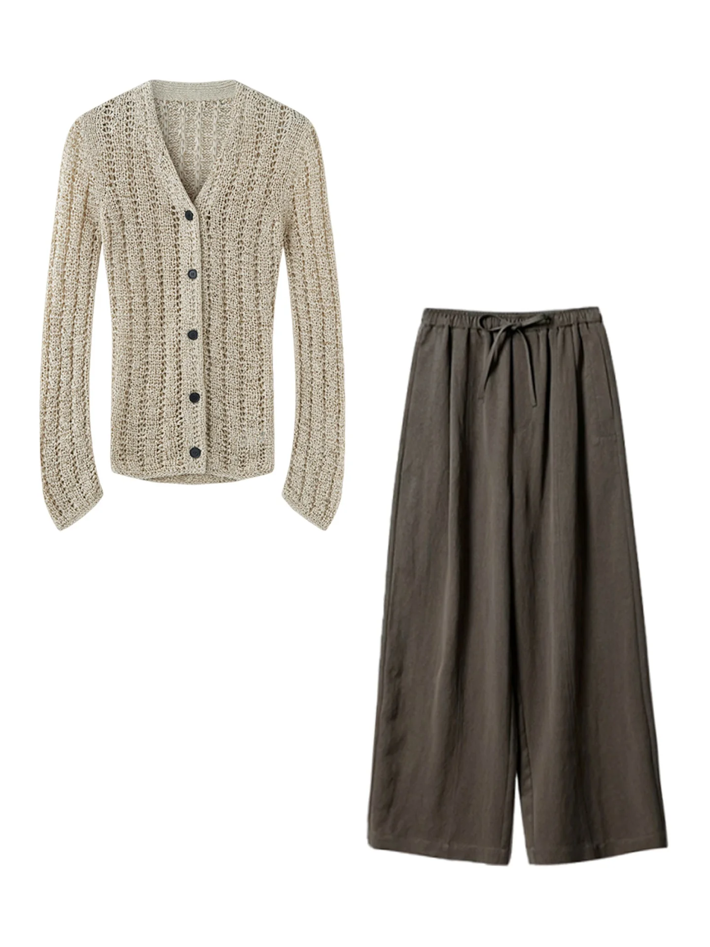 한국 슬레 초가을 아우로페르 니트 스웨터 세트 여성용 레이지 슬레 홀로우 아웃 니트 가디건 아우터웨어 상의와 하의