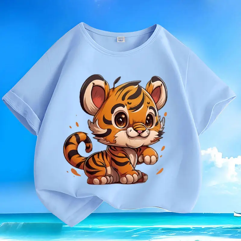 Cartoon Tiger New Summer Children's Short Sleeve Cotton Round Neck Loose and Versatile Casual Parent Child T-shirt