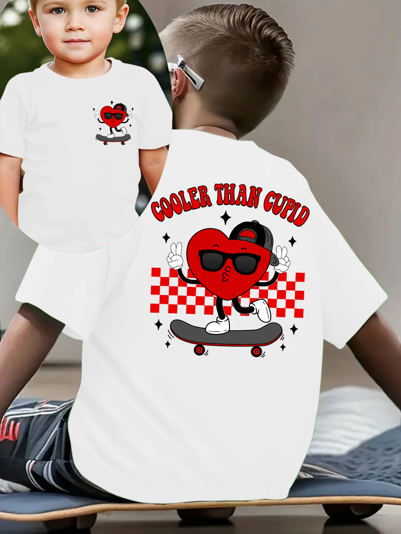 ‘NY‑DX4944 Boys COOLER THAN CUPID Skateboard‑Heart Double‑Print Casual Summer Valentine T‑Shirt